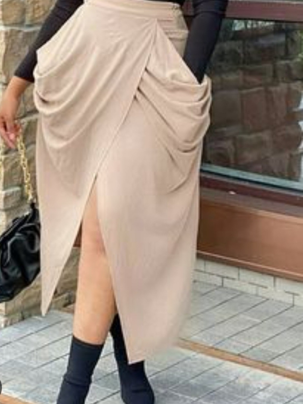 Asymmetrical Draped Midi Skirt in Beige - Women's